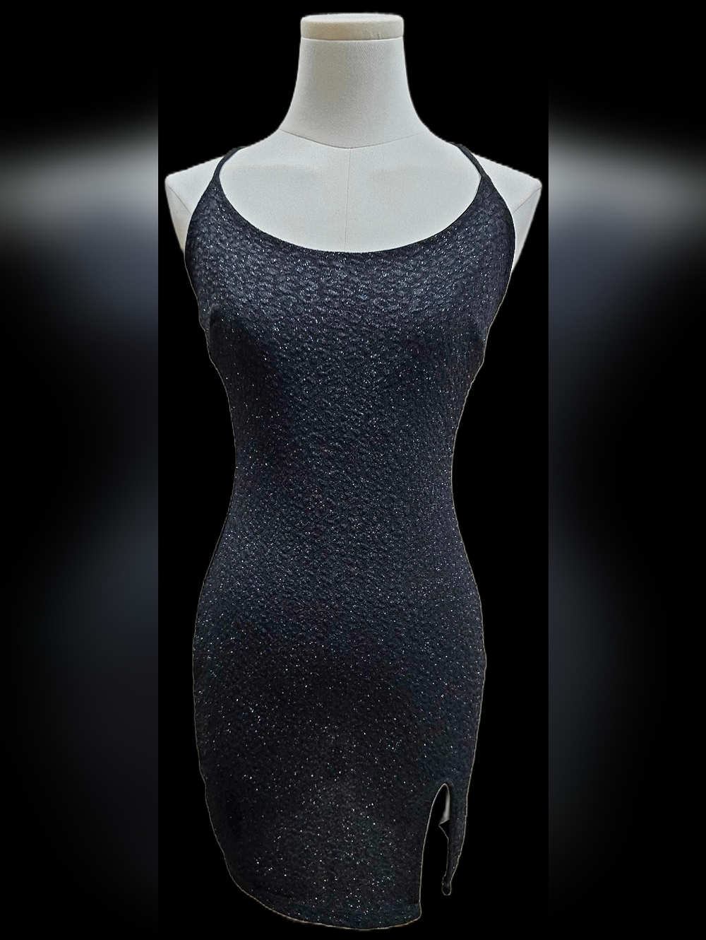 Windsor Black Sparkle Animal Print Spaghetti-Strap Prom Dress